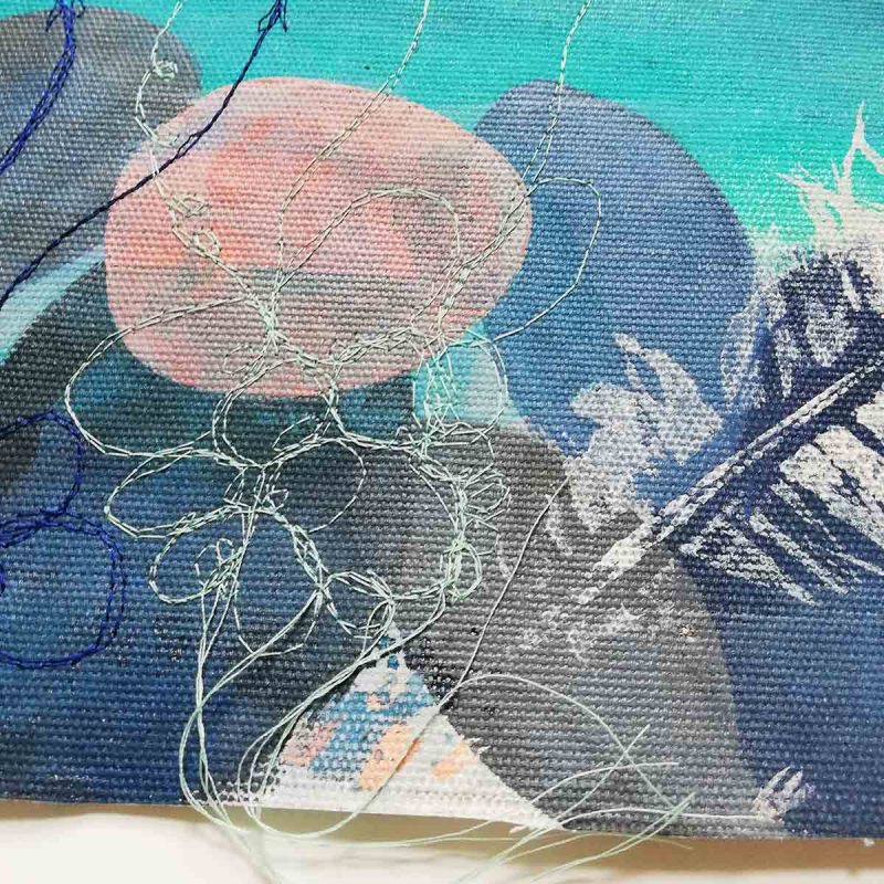 Embroidery close from Calm Original Textile painting by Artist Ellie Hipkin