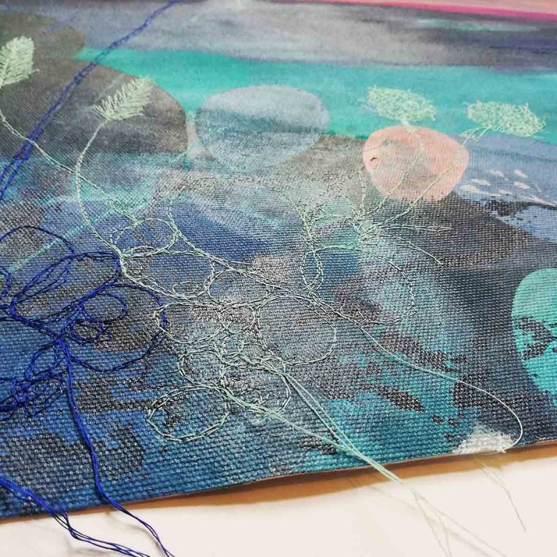Embroidery close from Calm Original Textile painting by Artist Ellie Hipkin