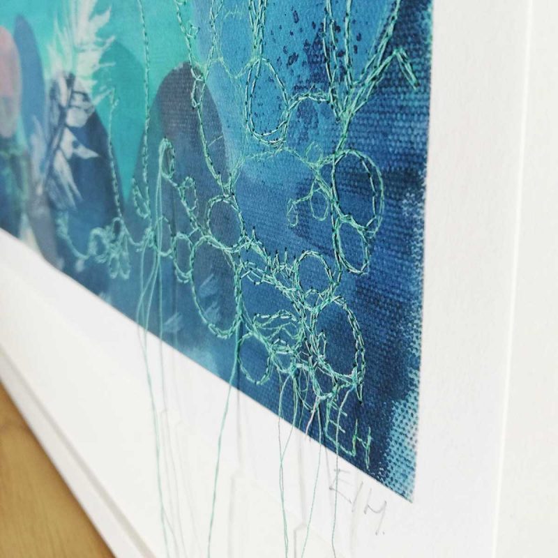 Calm art print with added embroidery by artist Ellie Hipkin